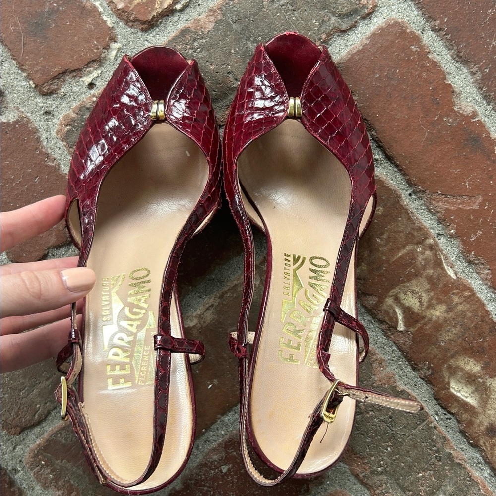 Rare Vintage Salvatore Ferragamo Snakeskin Slingback Peep Toe Heels - Picture 7 of 9